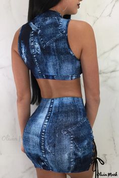 Olivia Mark - Stylish Sleeveless Two-Piece Set for Women in Blue Print Patchwork Design with Mandarin Collar Blue Stretch Denim Tank Top, Stretch Denim Sleeveless Tank Top, Fitted Denim Sleeveless Crop Top, Blue Fitted Sleeveless Crop Top, Sleeveless Suit, Mandarin Collar, Dressed Down, Skirt Length, Two Pieces