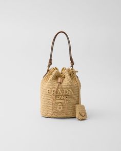 Natural Crochet And Leather Mini-bucket Bag | PRADA Prada Bucket Bag, Prada Mini, Mini Mochila, Crochet Clutch, Straw Tote Bag, Mini Bucket Bags, Mini Logos, Mini Bucket, Straw Bags