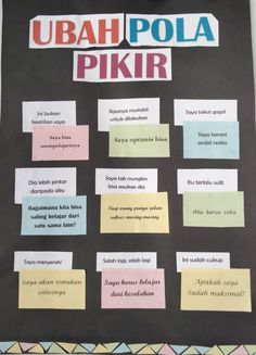 a bulletin board with different types of paper on it and the words ubah pola pikirr