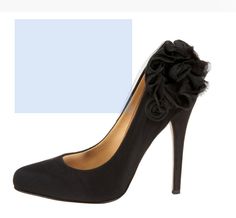 Black Veil Wrapped Pumps with Side Flowers. Stiletto Heels