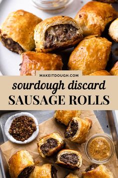 sausage rolls on a tray with dipping sauces in the background and text overlay that reads sourdough discard sausage rolls