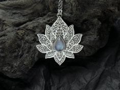 Lotus Necklace Water Lily Necklace Silver Lotus Necklace Artisan Silver Etched Necklace, Artisan Silver Engraved Necklaces, Spiritual Engraved Moonstone Necklaces, Spiritual Engraved Moonstone Necklace, Engraved Moonstone Necklace For Spiritual Style, Engraved Moonstone Pendant Necklace, Intricate Moonstone Jewelry As A Gift, Intricate Moonstone Jewelry For Gift, Handmade Antique Silver Spiritual Jewelry