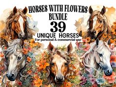 three horses with flowers in the background and text that reads, horse's with flowers bundle 39 unique horses for personal & commercial use