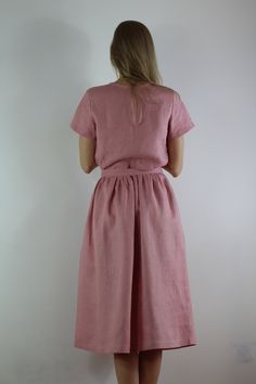 "Spring dress, Handmade rosel color linen dress with short sleeves and 2 pockets , perfect for casual wear and suitable for any occasion in any season Details: - 100% natural linen produced in Europe ; - medium weight (180 gram per square meter); - color: rose linen, could be any from our colors catalog (color samples at the photo); Made to order, approximately a few days, If you have any questions please message me and I will be glad to answer. Size guide : Size XS Bust: fits bust around 33\"-3 Pink Belted Short Sleeve Dress, Pink Linen Dress With Short Sleeves, Casual Short Sleeve Belted Linen Dress, Pink Short Sleeve Linen Dress, Feminine Short Sleeve Linen Summer Dress, Pink Linen Short Sleeve Dresses, Pink Short-sleeved Linen Dress, Summer Dress Linen, Linen Casual Dress