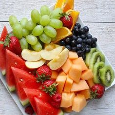 a white plate topped with lots of fruit on top of a wooden table next to watermelon, grapes, kiwis and strawberries