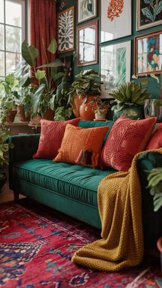 Transform your living space into a lushboho jungle with bold colors and vibrant plantsThis cozy corner brings together rich texturesearthy tonesand eclectic decor to create a space full of warmth and personalityPerfect for those who love a mix of nature and art in their home design. boholivingroom interiordesignideasjungalowstyle plants cozyhome homeinspirations eclectic colorfulliving bohemian Bright Vibrant Living Room, Bright Eclectic Home, Maximalist Living Room Green Couch, Home Decor Maximalism Vintage, Interior Design Maximalist Living Room, Maximalist Style Home, Art Lounge Room, Bright Decor Living Room, Maximalist Appartement