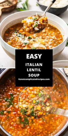 two pictures showing different types of soup in bowls