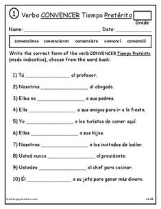 a spanish worksheet with the words verbo convener and preterio