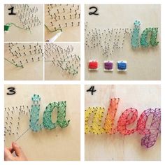 the instructions to make beaded letters are shown in four different ways, including thread and beads