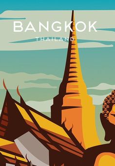 an image of a poster for bangkok with a buddha statue in front of the temple