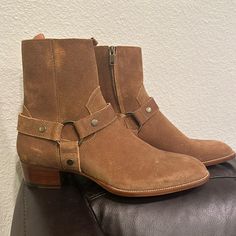 Saint Laurent Camel Suede Cowboy Style Boots. Size 43. Never Worn. No Box. Beige Leather Moto Boots With Round Toe, Western Suede Chelsea Boots With Round Toe, Brown Suede Moto Boots With Leather Sole, Brown Calf Leather Moto Boots With Plain Toe, Brown Suede Moto Boots With Leather Lining, Brown Snip Toe Moto Boots With Suede Lining, Brown Suede Boots With Buckle Closure, Luxury Brown Moto Boots For Fall, Brown Round Toe Boots With Heel Loop