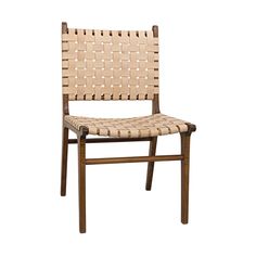 a wooden chair with woven seat padding on the back and side, against a white background