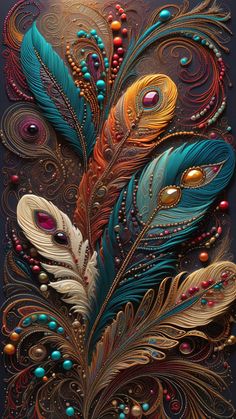 an artistic painting with feathers and beads on it