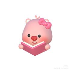 a pink teddy bear holding a book with its paws on it's head and eyes closed