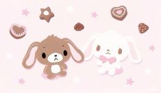 two cute little bunnies standing next to each other on a pink background with hearts and stars