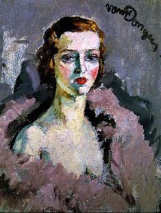 a painting of a woman in a fur coat with words written on the side of her face