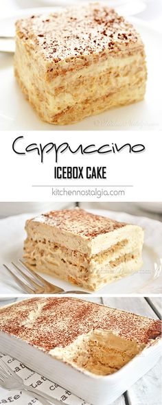 a close up of a cake on a plate with the words cappuccino icebox cake