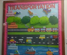 a bulletin board with transportation pictures on it