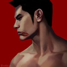 a painting of a shirtless man with red lipstick on his face and chest, looking to the side