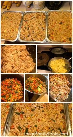 many different pictures of food in pans on the stove top, including rice and vegetables