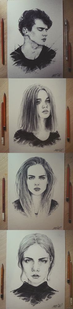 three different pencil drawings of people's faces