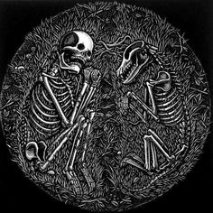 two skeletons sitting in the middle of a circle