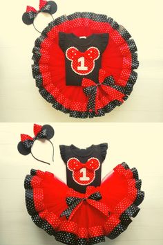 two pictures of minnie mouse outfits with red and black polka dots