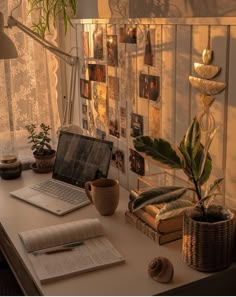 an open laptop computer sitting on top of a desk next to a potted plant