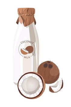 a bottle of coconut milk next to a whole coconut and half an open coconut on a white background