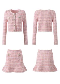 Step into style with this elegant pink tweed two-piece suit, perfect for the modern woman on the go! The long sleeve cardigan style top features a classic round neck and single-breasted design and can be styled open or closed. Paired with a flirty short skirt that adds a touch of femininity to any look, this ensemble is crafted from high-quality tweed fabric that ensures both comfort and durability. Pink Tweed Set, Tweed Skirt Set, Pink Tweed Skirt, Tweed Two Piece, Knit Tweed, Tweed Set, Tweed Top, Nye Outfits, Pink Tweed