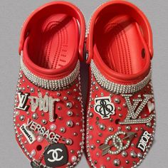 Red Bling Crocs, Blinged Out Crocs, Bedazzled Crocs, Designer Crocs, Taylor Swift Shoes, Bling Crocs, Red Crocs, Crocs Slides, Custom Crocs