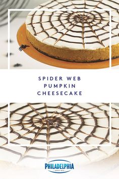 the spider web pumpkin cheesecake is ready to be cut into pieces and put on display