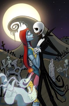 a cartoon character hugging another character in front of a cemetery at night with the moon behind them