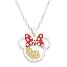 The Disney Minnie Mouse Cubic Zirconia Birthstone Shaker Necklace is sure to shake up your day in a fun way with its magical look! Minnie's famous silhouette offers standout style with a gleaming silver plated finish topped by her signature red and white polka dot bow. Petite faceted red garnet cubic zirconias are encased in clear synthetic glass to create this exquisite shaker necklace design. Silver Plated Brass 18" Chain +2" extender January, February, March, April, May, June, July, August, S Minnie Mouse Silhouette, Mouse Necklace, Disney Gift, Synthetic Opal, Disney Jewelry, November Birthstone, Silver Plated Necklace, Disney Ladies, Girls Jewelry