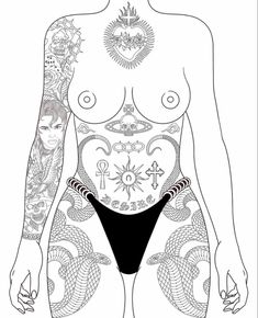 a drawing of a woman with tattoos on her body