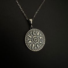 "Little Glowing Sun Symbol Pendant, Ancient Sun Charm Necklace, 925 Sterling Silver Sun Necklace, Mythological Talisman, Meditation Jewelry Little Glowing Sun Charm 𓁿 Glowing Sun \"Charm of Relief\" is here to relieve your mind and will whisper magical words to your heart - Spiritual Collection Item Details, ✔️ Made of certified 925k sterling silver ✔️ Oxidized Silver ✔️ Diameter of the pendant is 1.6 cm (0.63 inches) ✔️ You can order the pendant with chain or with no chain. ✔️ Free, Express, and Insured Shipping ✔️ Minimalist design You can check out more jewelry from NorseJewelryArt via following link: https://www.etsy.com/shop/NorseJewelryArt * All jewelry comes in well packaged, beautiful jewelry boxes ready to gift * All items and chains are made of 925 sterling silver or natural gem Sterling Silver Amulet Necklace With Oxidized Finish, Spiritual Sterling Silver Necklaces With Oxidized Finish, Spiritual Sterling Silver Necklace With Oxidized Finish, Sterling Silver Amulet Medallion Necklace, Spiritual Sterling Silver Etched Necklaces, Spiritual Etched Sterling Silver Necklaces, Silver Medallion Necklace In Symbolic Style, Spiritual Etched Sterling Silver Necklace, Sterling Silver Medallion Necklace With Oxidized Finish