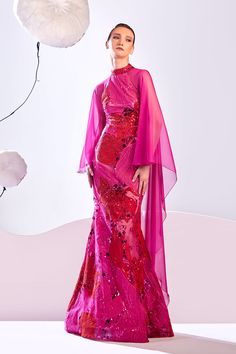 Pink Lace Evening Dress For Banquet, Pink Evening Dresses With Sheer Sleeves, Pink Lace Long Sleeve Evening Dress, Long Sleeve Pink Lace Evening Dress, Pink Long Sleeve Lace Evening Dress, Pink Wedding Dress With Sheer Sleeves, Red Long Sleeve Organza Dress, Pink Fitted Couture Evening Dress, Long Sleeve Organza Dress With Sequins