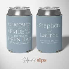 two wedding can coolers with names and date printed on the front one is light blue