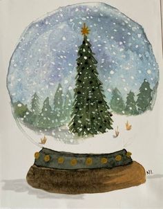 a watercolor painting of a snow globe with a christmas tree in it and stars on the top