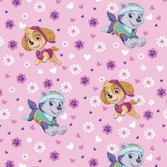 the paw patrol wallpaper is pink with hearts and flowers on it, as well as two puppies