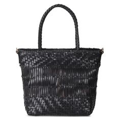 Small tote in black woven leather. Fully lined with magnetic snap closure and inside pockets. Detachable woven shoulder strap. Woven Leather Tote, Leather Industry, Black Image, Small Tote, Helly Hansen, Leather Tote Bag, Leather Working, Louis Vuitton Damier, Snap Closure