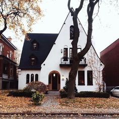 a white house with black roof and windows