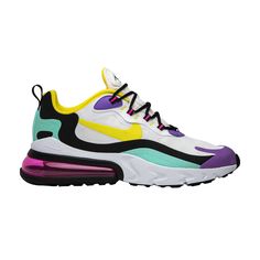 Find NIKE Air Max 270 React 'geometric Abstract on Editorialist. Fusing iconic new cushioning technologies, Nike unveiled this new color of the Air Max 270 React in August 2019. The 'Bright Violet' version imbues innovation by using a bar tack method to create the aesthetic of a floating, white eyestay while multi-colored suede layers and paneling add dimension and strategic structure to the upper. A massive 270 Air unit in pink integrates with a full-length React foam midsole for an ultra-cushioned feel from below. Modern Multicolor Sneakers With Air Cushioning, Nike Multicolor Functional Running Shoes, Multicolor Functional Sneakers With Air Cushioning, Functional Multicolor Sneakers With Air Cushioning, Nike Air Max 270 React, 270 React, Air Max 270 React, Purple Sneakers, Mens Nike Air