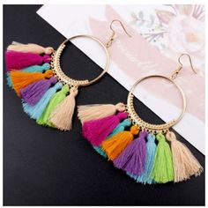 Boho Rainbow Gold Hoop Tassel Earrings Perfect Addition To Any Boho Chic Outfit. Bundle 3 Items And Save On Shipping! Big Dangle Earrings, Piercing Tragus, Bohemian Handmade, Dangle Hoop Earrings, Tassels Fashion, Fashion Creative, Costume Jewelry Earrings, Tassel Drop Earrings, Large Hoop Earrings