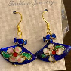 Cloisonn Earrings Enamel Blue Flower Dangle Size: 1" Long; Fish Hook, Light Weight Blue Spring Earrings For Pierced Ears, Blue Spring Earrings, Blue Flower-shaped Earrings With Ear Wire, Blue Dangle Earrings For Spring, Blue Flower Earrings Nickel Free, Blue Flower Shaped Earrings For Summer, Blue Flower-shaped Summer Earrings, Elegant Blue Summer Earrings, Blue Dangle Flower Earrings For Spring