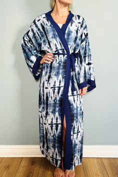 Beautiful, vintage / Boho style sustainable Cotton kimono, long sleeves and tie belt. Beautifuly soft cotton, comfy and roomy to wear.  Lightweight with tye die  print. machine washable Free Size fits U.K. 8 to 16 Boho style Cotton dressing gown, kimono robe. Great to wear around the house or to dress up with some jeans & a T shirt to go out.  A luxurious birthday or Christmas gift idea. We can pop it in the post with a personal message to a friend.  We have a full range of different colours and designs to suit everyone.  machine washable Flowy Long Sleeve Kimono For Loungewear, Blue Long Sleeve Robe For Spring, Long Sleeve Blue Robe For Spring, Long Sleeve Spring Kimono For Lounging, Long Loungewear Robe With Tie Waist, Long Robe With Tie Waist For Loungewear, Summer Long Sleeve Robe With Tie Waist, Long Sleeve Summer Lounging Robe, Spring Maxi Length Robe For Loungewear