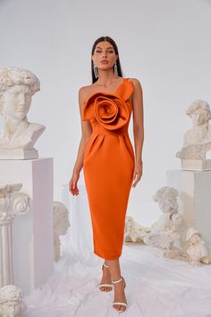 One Shoulder 3D Flower Maxi Dress Flaxmaker Flower Clothes, Flower Maxi Dress, Cloth Flowers, Dress Material, Waist Length, Dress Materials, Dress Details, Orange Color, One Shoulder