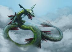 a green and red dragon sitting on top of a cloud filled sky with its mouth open