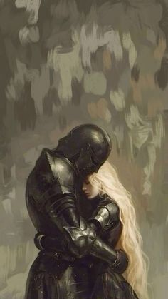 two people in armor hugging each other on a painting background that looks like grungy paint