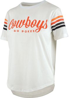 Let everyone know who you root for in this Oklahoma State Cowboys White Susan Short Sleeve T-Shirt! This OSU Short Sleeve Tee features a screen print team name on center chest with team color sleeve stripes. Screen print team graphic, Jersey short sleeve, Contrast stripes on sleeves, Crew neck tee, 100% Cotton, 4 Oklahoma State Cowboys, Indiana Hoosiers, Arkansas Razorbacks, Oklahoma State, Team Name, Team Names, Crew Neck Tee, Team Colors, Arkansas